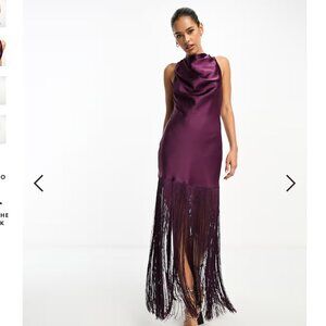 ASOS DESIGN satin halterneck mini dress with fringe hem in purple/burgundy